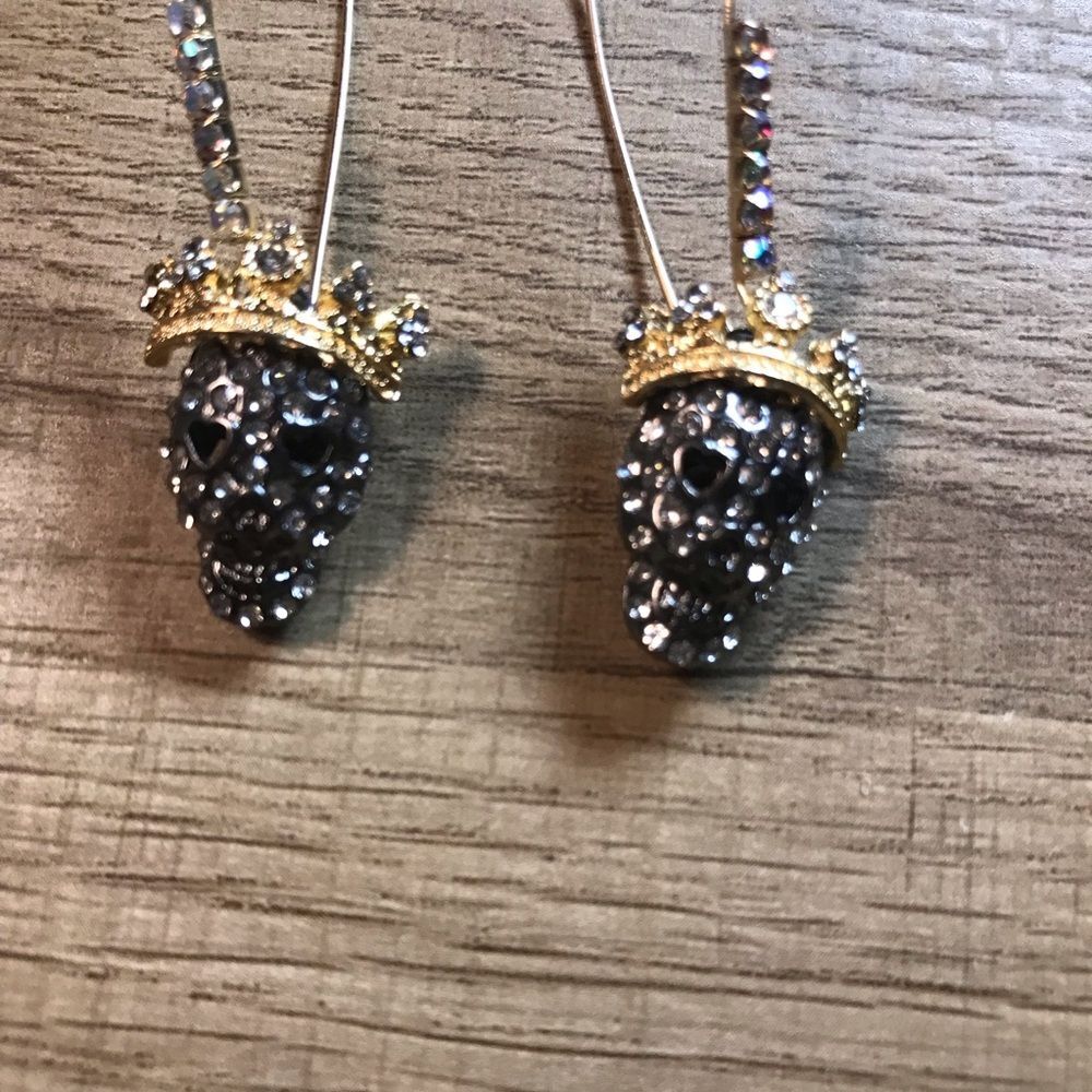 Betsy Johnson Crowned Skull Earrings - Gold Crown  Black Rhinestone Skulls